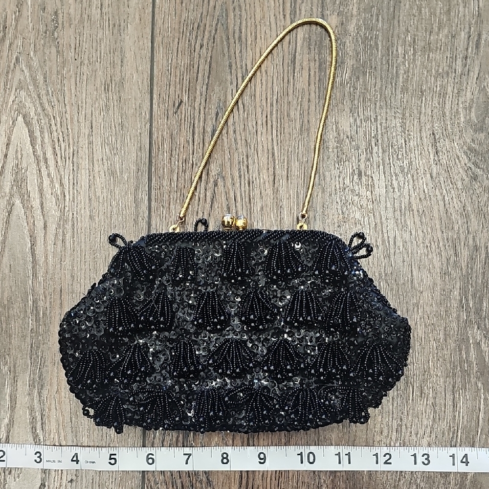 Elegant, Black, Beaded, Evening, Bag, Vintage, Wedding, Formal, Gold, Mini